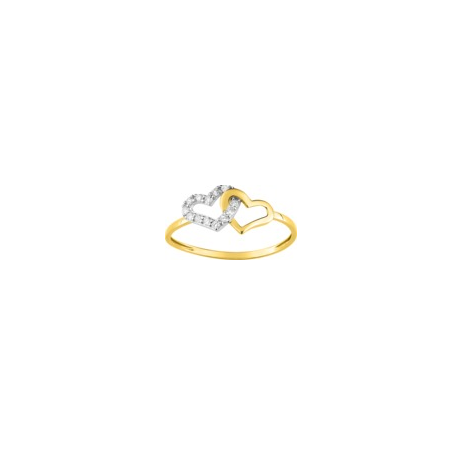 Bague double coeur or jaune et oxydes